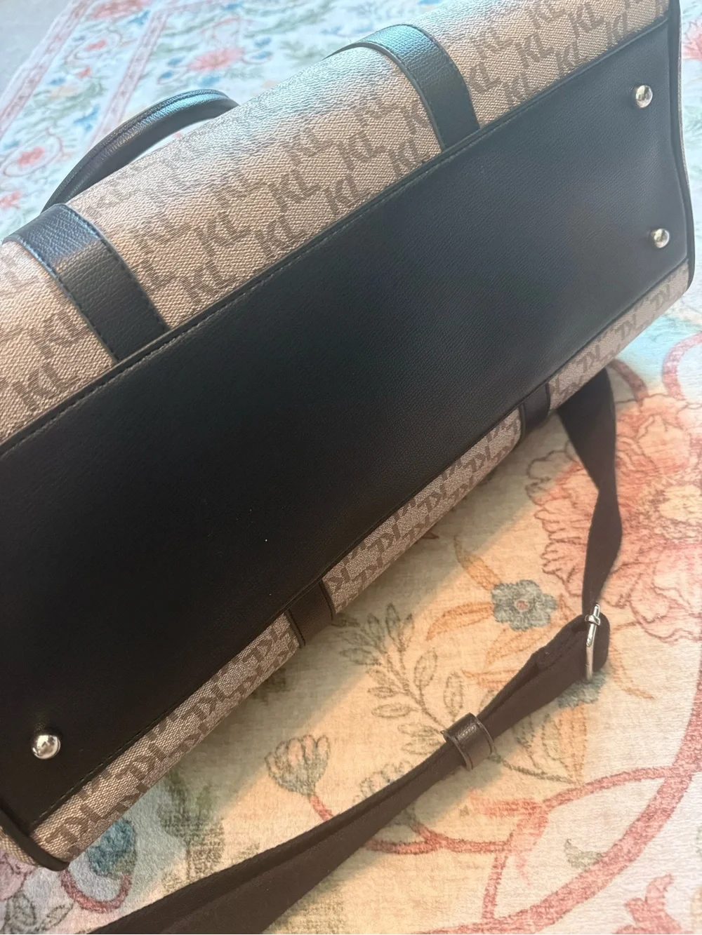 Karl Lagerfeld Beige Monogram Duffel with Black Trim